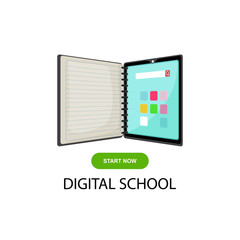 Digital school. On-line educational blue vector logo. Open book with pages and pixels. Virtual i.q. courses identity. E-book  e-library or e-reader soft. Icon of learning or scientific conference.