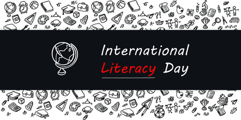 Set of Hand draw Literacy day Doodle backgrounds. Objects around Education.
