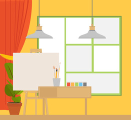 Art studio interior. Creative workshop room with canvas, paints, brushes, easel and pictures.