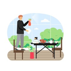 Young man window cleaner washing glass window with rag, flat vector illustration. Home cleaning services.