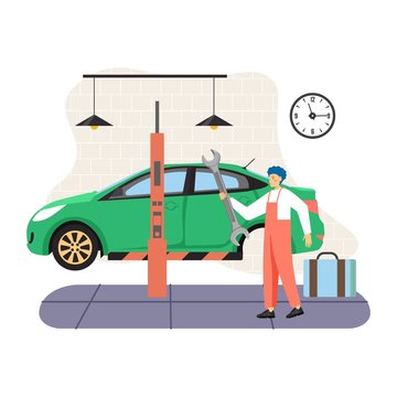 Car service and tire maintenance, change, auto repair shop, garage, vector flat illustration