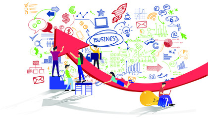 Business team Man and woman think analyze creative work  with hoist up arrow,flat design illustration Creativity modern Idea and Concept Vector.