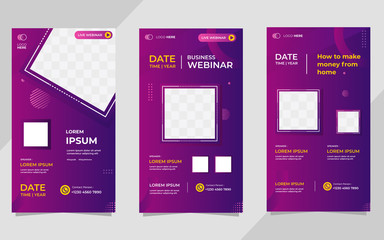 Social media story post template, 
How to get money from home. Set of business webinar vector graphics, dark purple background