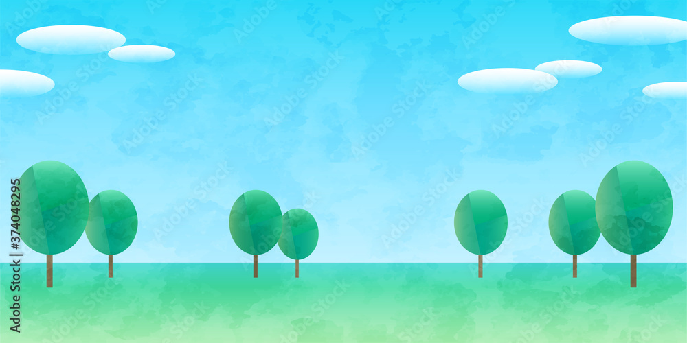 Wall mural watercolor background of simple landscape with clouds and trees. vector illustration.