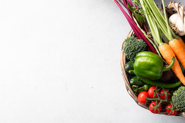 fresh organic vegetables in the basket, healthy food concept, copy space