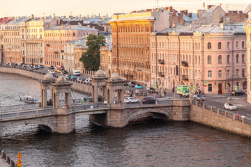 Fontanka River rooftop cityscape  with view on Lomonosov bridge