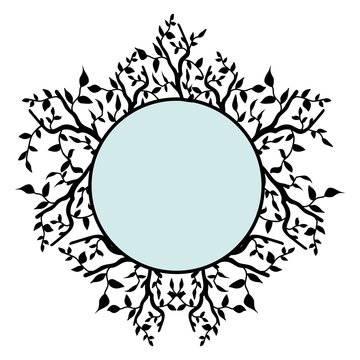 Isolated frame with black branches with leaves on a white background stylized with a white circle for text