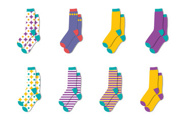 Warm colorful socks.Wool winter socks collection. Vector