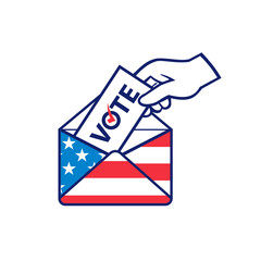 Retro style illustration of a hand of an American voter posting ballot or vote inside postal ballot envelope with USA stars and stripes flag on isolated background.