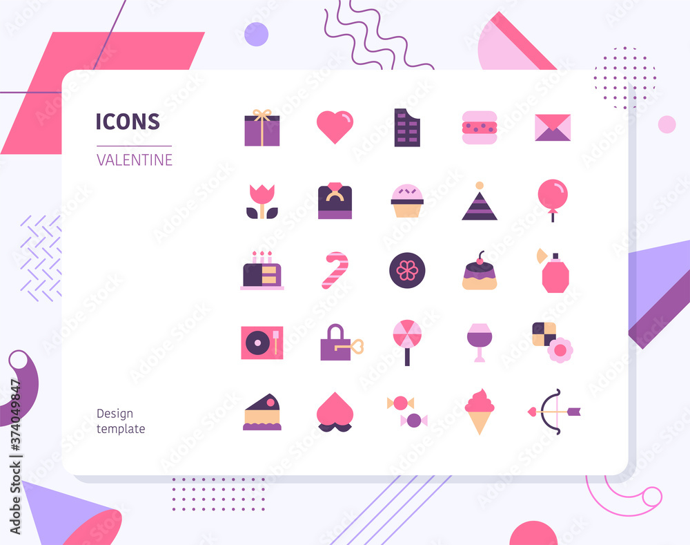 Poster valentines day color icon set design template. flat design style minimal vector illustration.