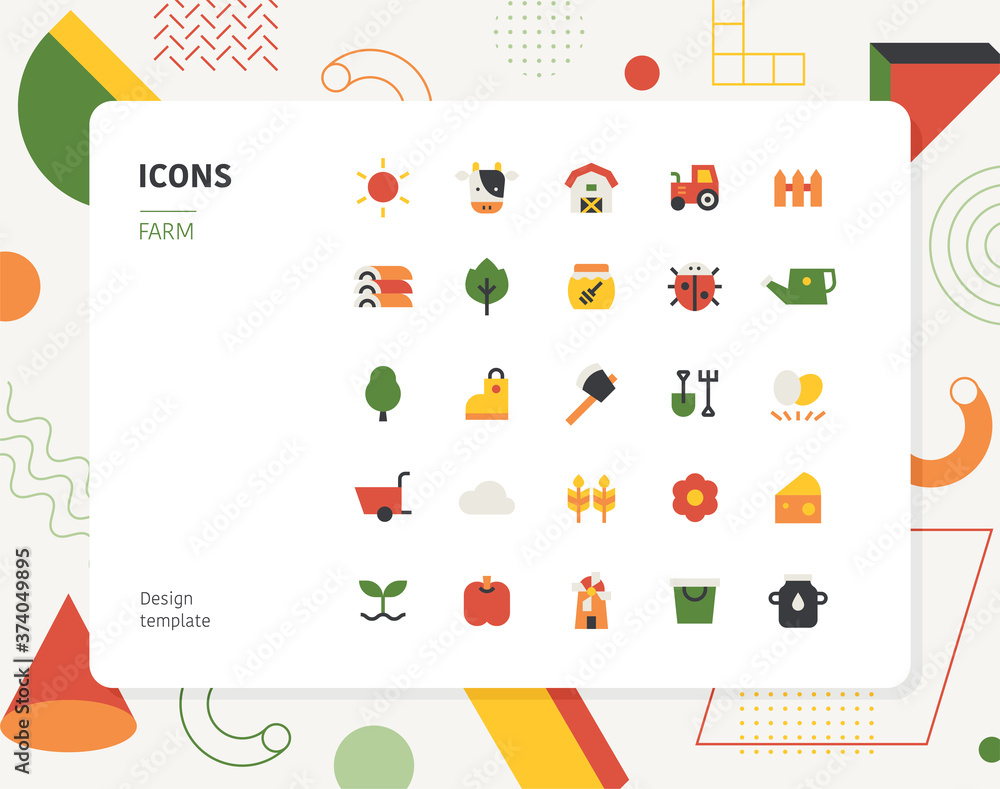 Poster farm color icon set design template. flat design style minimal vector illustration.