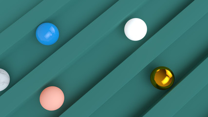 Abstract 3d rendering illustration with rolling balls . Minimalistic banner in green color palette. Pattern with diagonal movement, dynamic. Useful for backgrounds, web, placard.