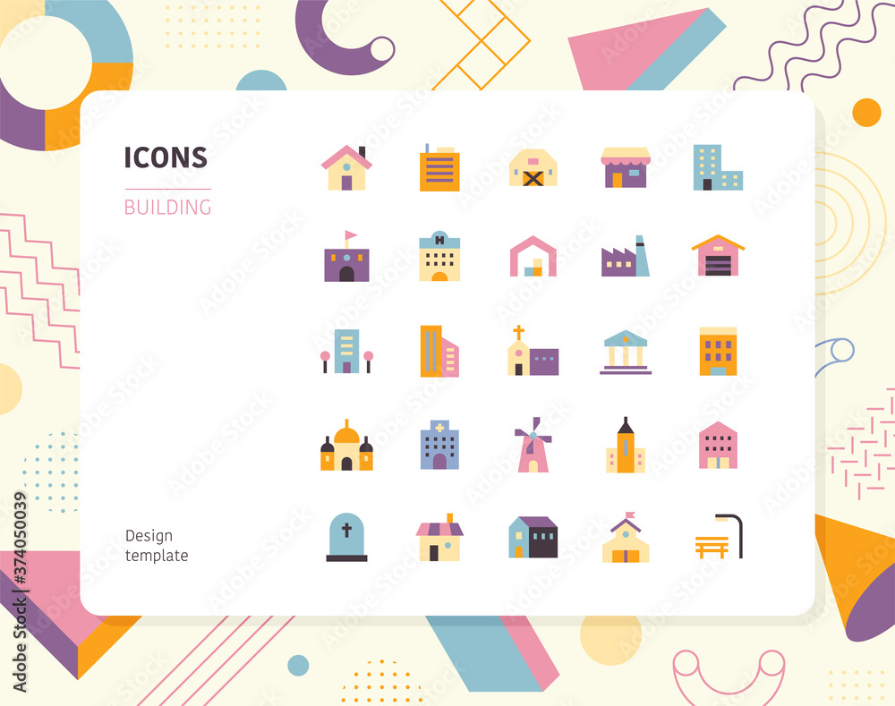 Poster building color icon set design template. flat design style minimal vector illustration.