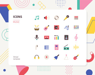 Music color icon set design template. flat design style minimal vector illustration.
