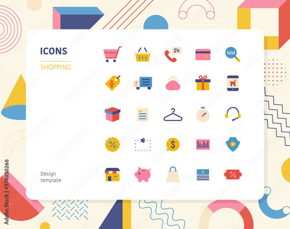 Poster shopping color icon set design template. flat design style minimal vector illustration.