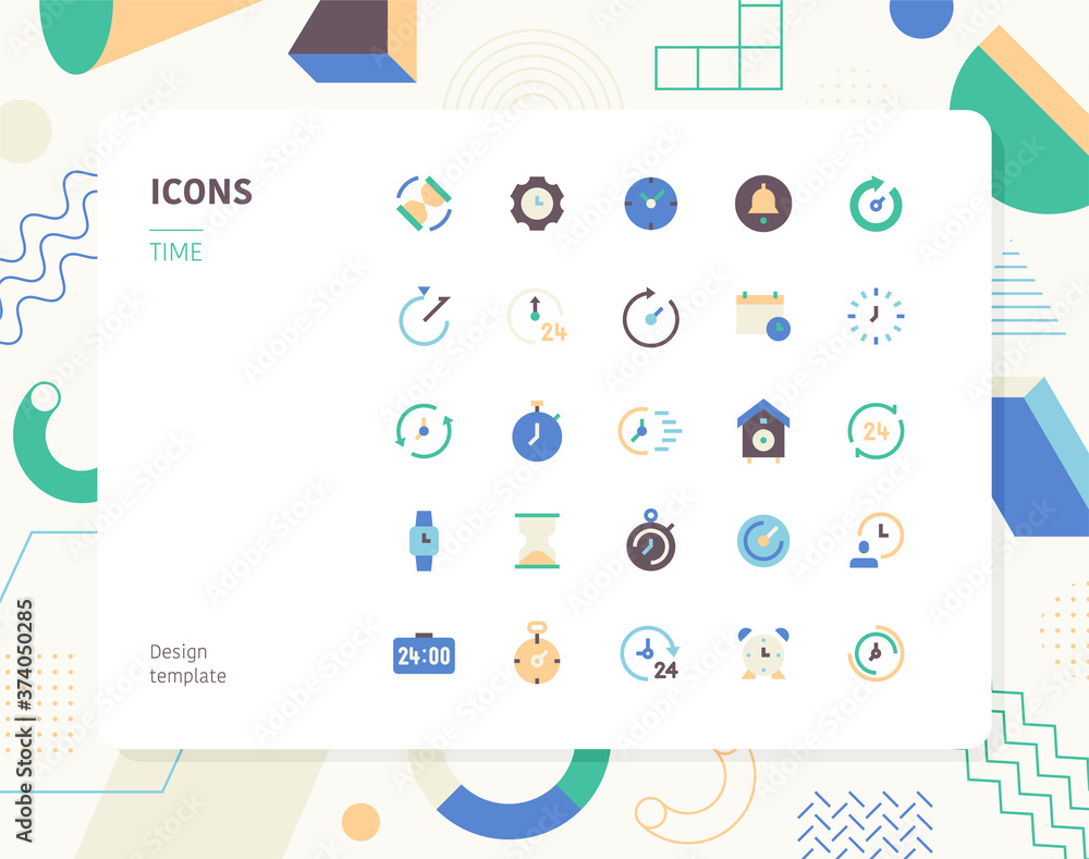 Poster time color icon set design template. flat design style minimal vector illustration.