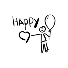 Child with a balloon, Happy inscription, heart. Holiday concept. Vector hand-Drawn illustration