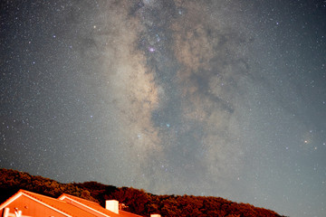 牧ノ戸峠から見た夏の銀河とレストハウスの屋根