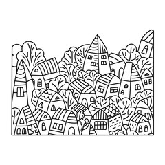 Cute cartoon houses . Hand drawn coloring Book for children and adults.