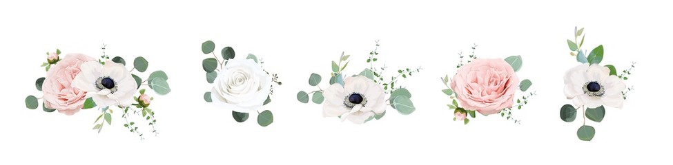 Vector floral bouquet design: Ivory white & blush peach powder peony Rose flower, anemone, Eucalyptus branch green sage leaves watercolor style illustration. Wedding invite card  designer elements set