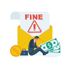 Fine concept. Landing page business metaphor. A sad businessman sits near a large envelope with a bad message. Vector illustration flat design. Isolated on white background.