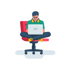 Young freelancer with a laptop sits on a chair. Work from home. Creative worker. Professional programmer coding with laptop. Vector illustration flat design. Isolated on white background.