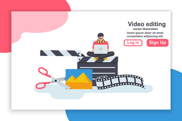 Landing page video editing. Multimedia content. Footage editing. Videographer with a laptop mounts movie. Photo film and scissors. Vector illustration flat design. Video blog channel.