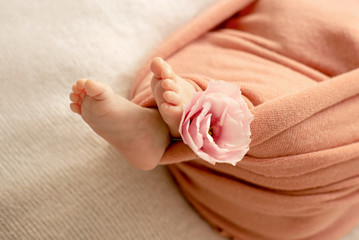 Newborn baby feet. Motherhood concept. Mother day. Copy space. Newborn baby feet. Motherhood concept. Mother day. Copy space. Selective focus