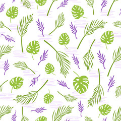 Abstract floral seamless pattern with palm tropical leaves on white background, botanical elements in purple - endless texture for textile, fabric, digital paper or scrapbooking - vector illustration