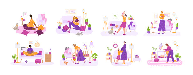 Breast feeding, motherhood, awating for a baby and pregnancy concept - set of vector illustrations with young mothers or pregnant women. Nursing baby, maternity leave - flat cartoon female characters