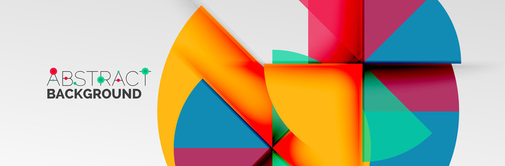 Bright color circles, abstract round shapes and triangles composition with shadow effects. Vector modern geometric design template