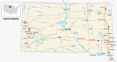 road map of the US American State of South Dakota