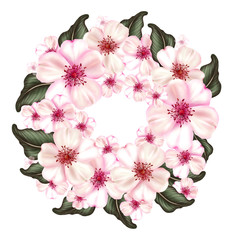 Japanese cherry blossom wreath with pink flowers and green leaves. 