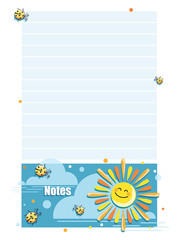 Notes. Cartoon sun, ladybugs. Template design for childrens planning, organizer, notebook. 