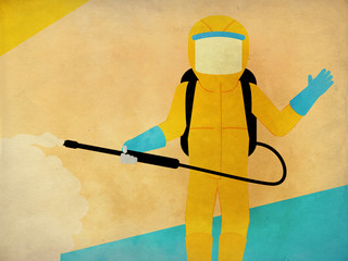 Man in yellow protective suit spraying textured
