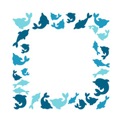 Blue square frame made of dolphins. Ready-made frame for your designs. Vector illustration in white background