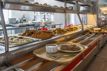 Self-service cafe. Distribution table.