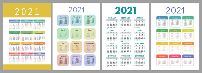 Calendar 2021 year set. Vector template collection. Simple design. Week starts on Sunday. January, February, March, April, May, June, July, August, September, October, November, December