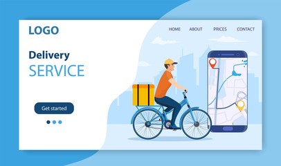Obraz na płótnie Canvas Online delivery service concept, online order tracking, delivery home and office. bicycle courier. Online pizza order. Landing page concept. Vector illustration in flat style