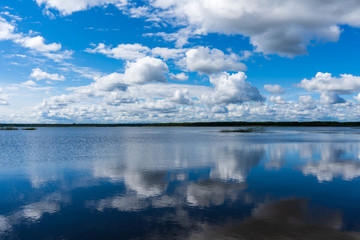 Autumn sky and lake water reflecting