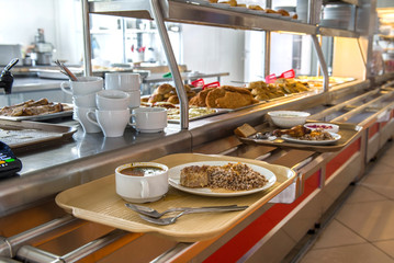 Self-service cafe. Distribution table.