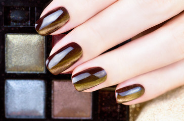 Cat Eye Nail Art. Manicure golden brown on a Gold background. Female fingers with golden brown...
