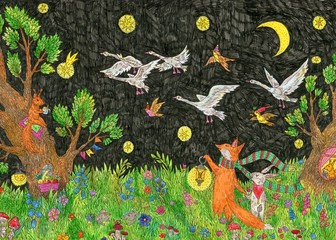 The fox and the hare are walking at night. Vivid illustration. Cute illustration for the decor and design of posters, postcards, prints, stickers, invitations, textiles and stationery.