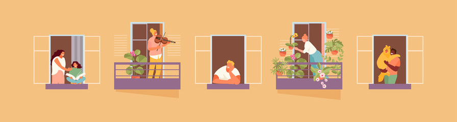 People in the windows home life. Vector illustration