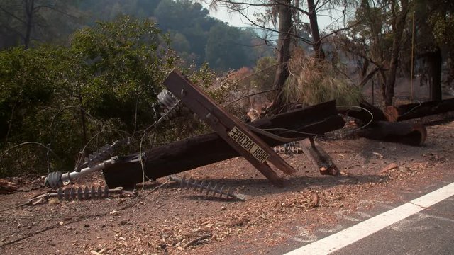 Napa, California, USA. 22 August 2020. Destroyed power pole in the LNU Lightning Complex Fire that ravaged the Napa, Sonoma, Lake and Solano counties.