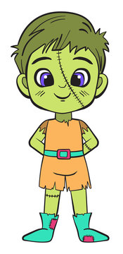 Little boy in Frankenstein costume, vector clipart illustration