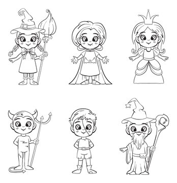 Hand drawn set of kids in Halloween costumes, vector illustrations