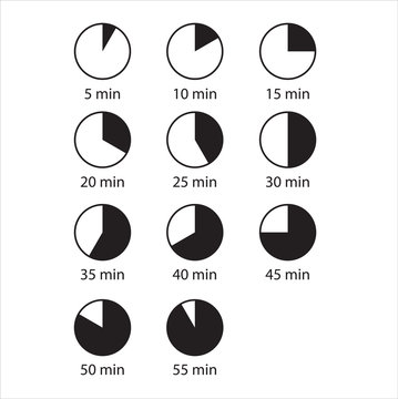 Time and Clock icons. A simple set of different vector icons. Contains icons such as a timer for 5 minutes, 30 minutes, 45 minutes, and others
