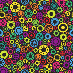 Seamless pattern with colorful gears on black background.