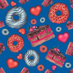 Cakes, donuts and hearts on blue background